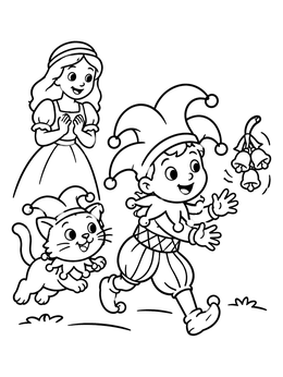 Free printable Young Jester And Cat Chasing Bells coloring page