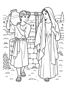 A young Jesus as a boy coloring page shows him carrying a water jug beside Mary near a stone well.