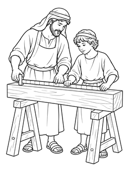 Joseph teaches a boy woodworking in this jesus as a boy coloring page.