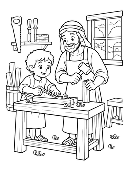 Free printable Young Jesus In The Carpenter Shop coloring page