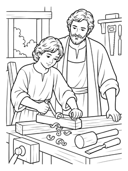 A peaceful jesus as a boy coloring page showing him planing wood alongside Joseph in the workshop.