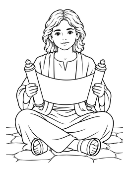 A serene jesus as a boy coloring page showing him sitting cross-legged holding an open scroll.