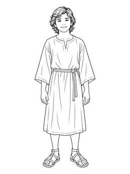 A realistic jesus as a boy coloring page showing him standing gently in a belted robe and sandals.