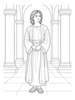 A serene jesus as a boy coloring page standing between classical temple pillars.