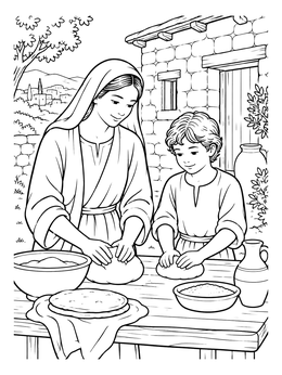A serene jesus as a boy coloring page showing him baking bread with Mary outside their home.