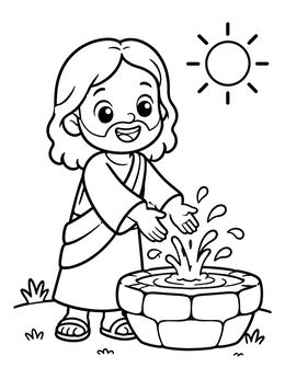 Free printable Young Jesus Splashing In A Water Basin coloring page