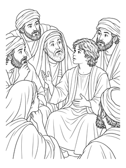 A detailed jesus as a boy coloring page showing the young boy speaking with elders in the temple.
