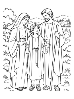 The Holy Family outside the city on this jesus as a boy coloring page.