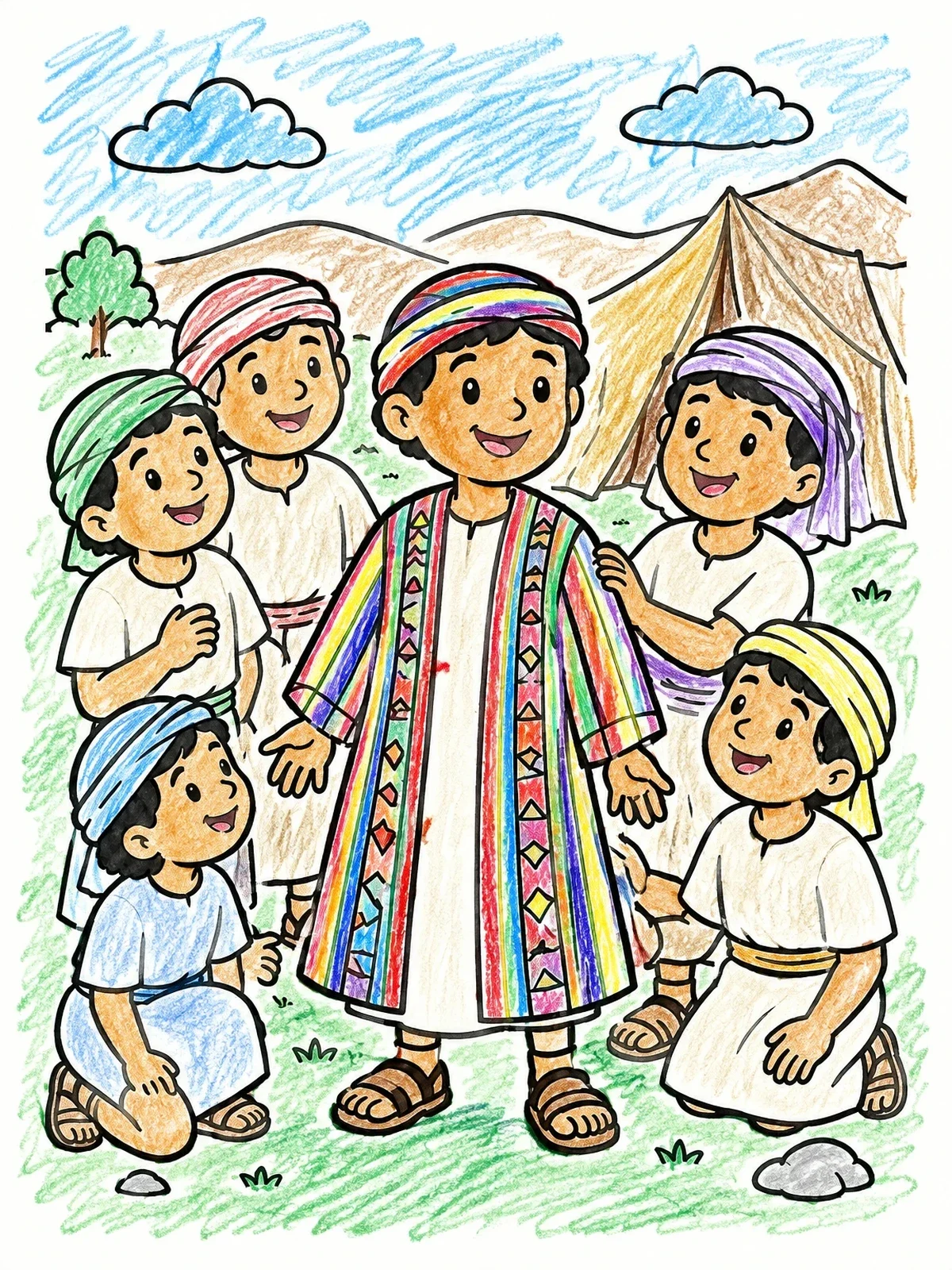 Colored example of the Young Joseph And His Brothers coloring page