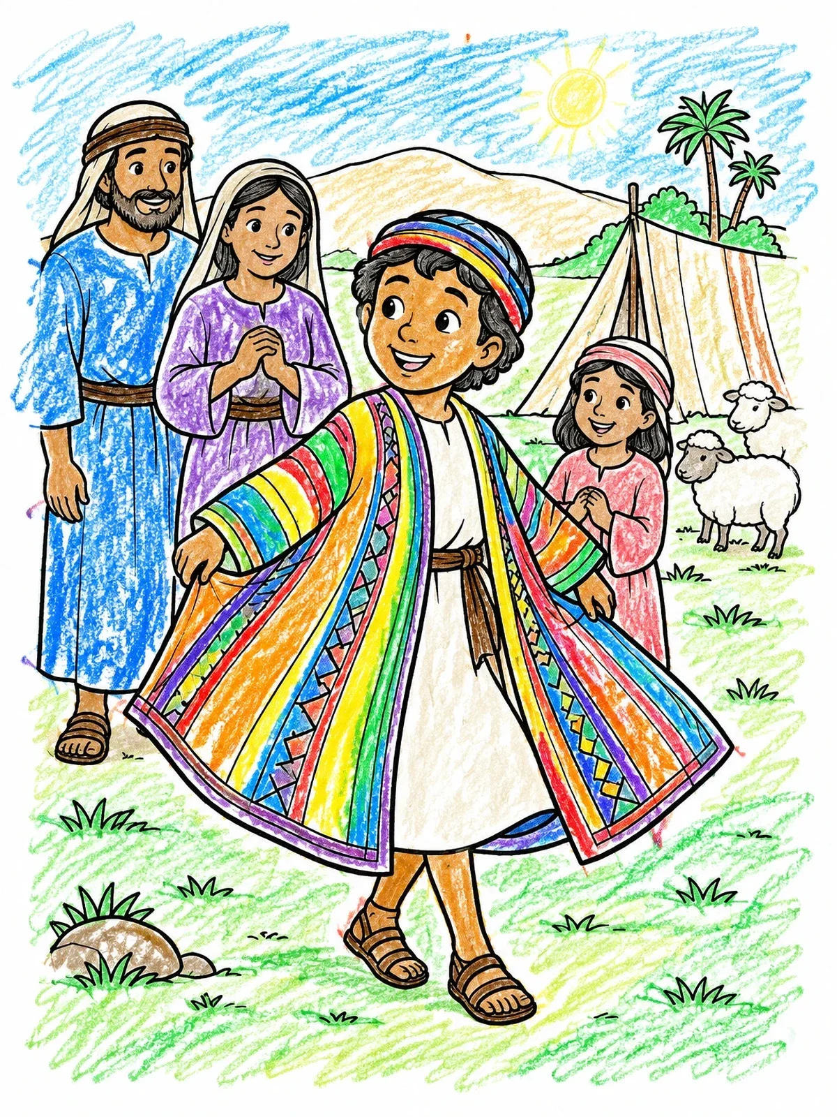 Colored example of the Young Joseph Twirling In His Robe coloring page
