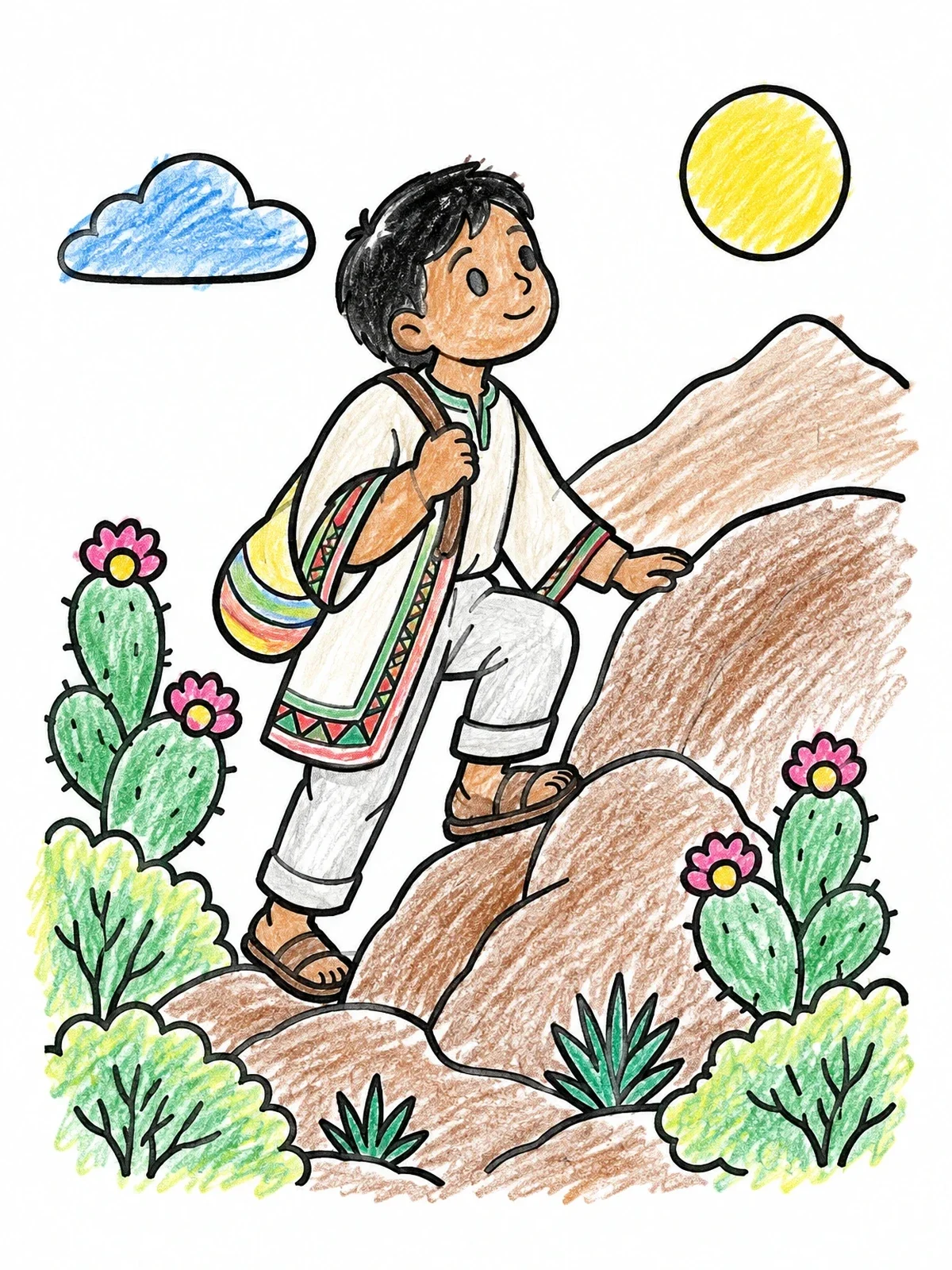 Colored example of the Young Juan Diego Climbing Tepeyac Hill coloring page