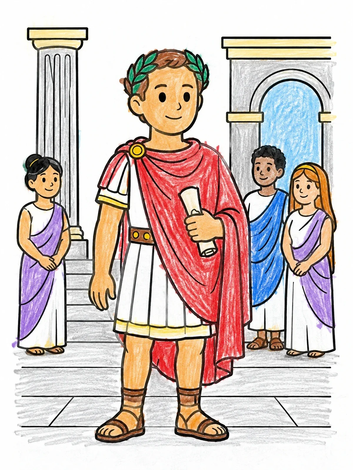 Colored example of the Young Julius Caesar At The Forum coloring page