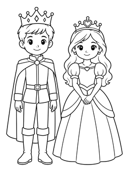 A cute young king and queen coloring page with crowns, royal cape, and an elegant ballgown.