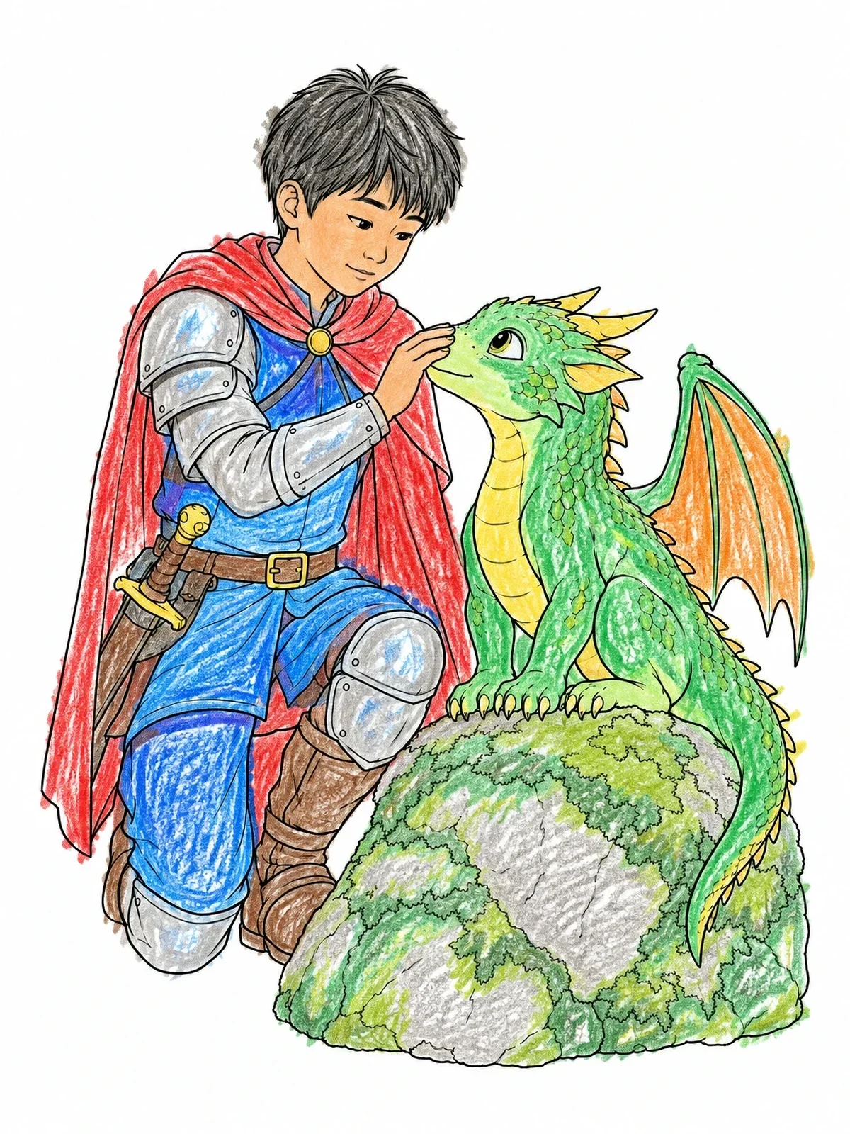 Colored example of the Young Knight Befriending Baby Dragon coloring page