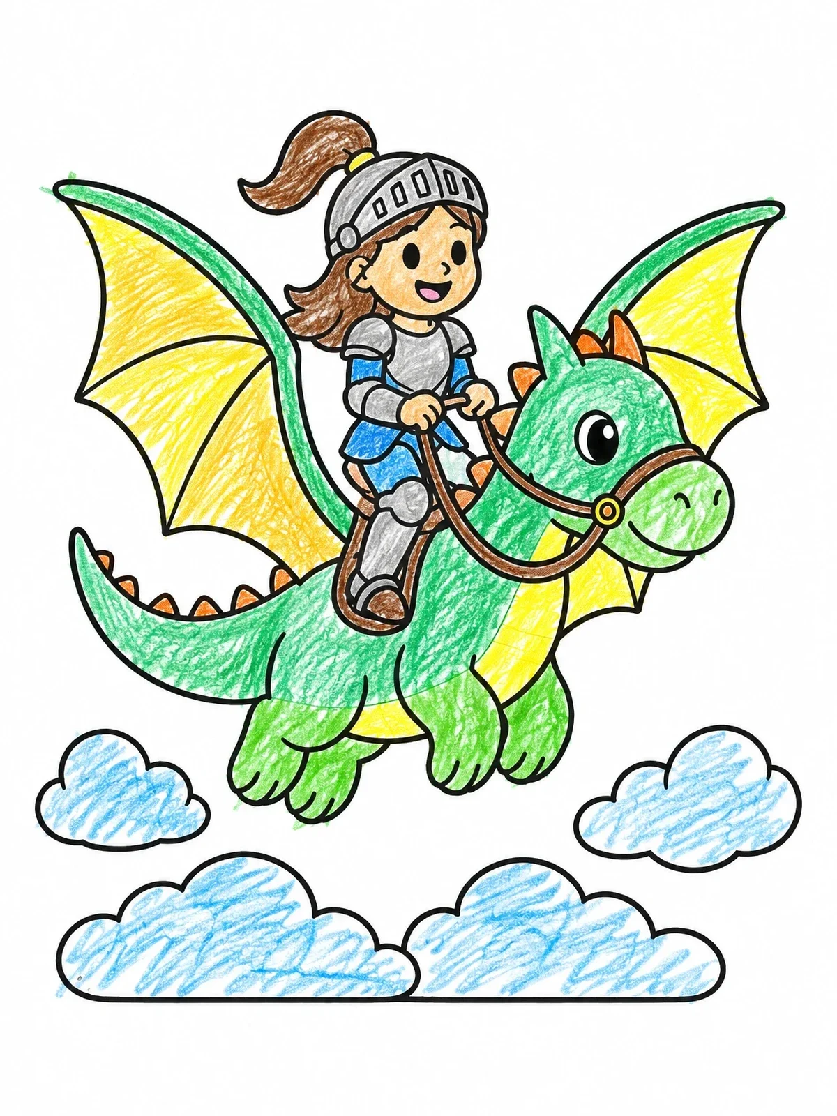 Colored example of the Young Knight Flying On A Dragon coloring page