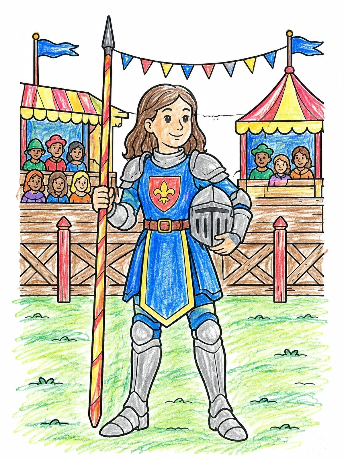 Colored example of the Young Knight At The Tournament Arena coloring page