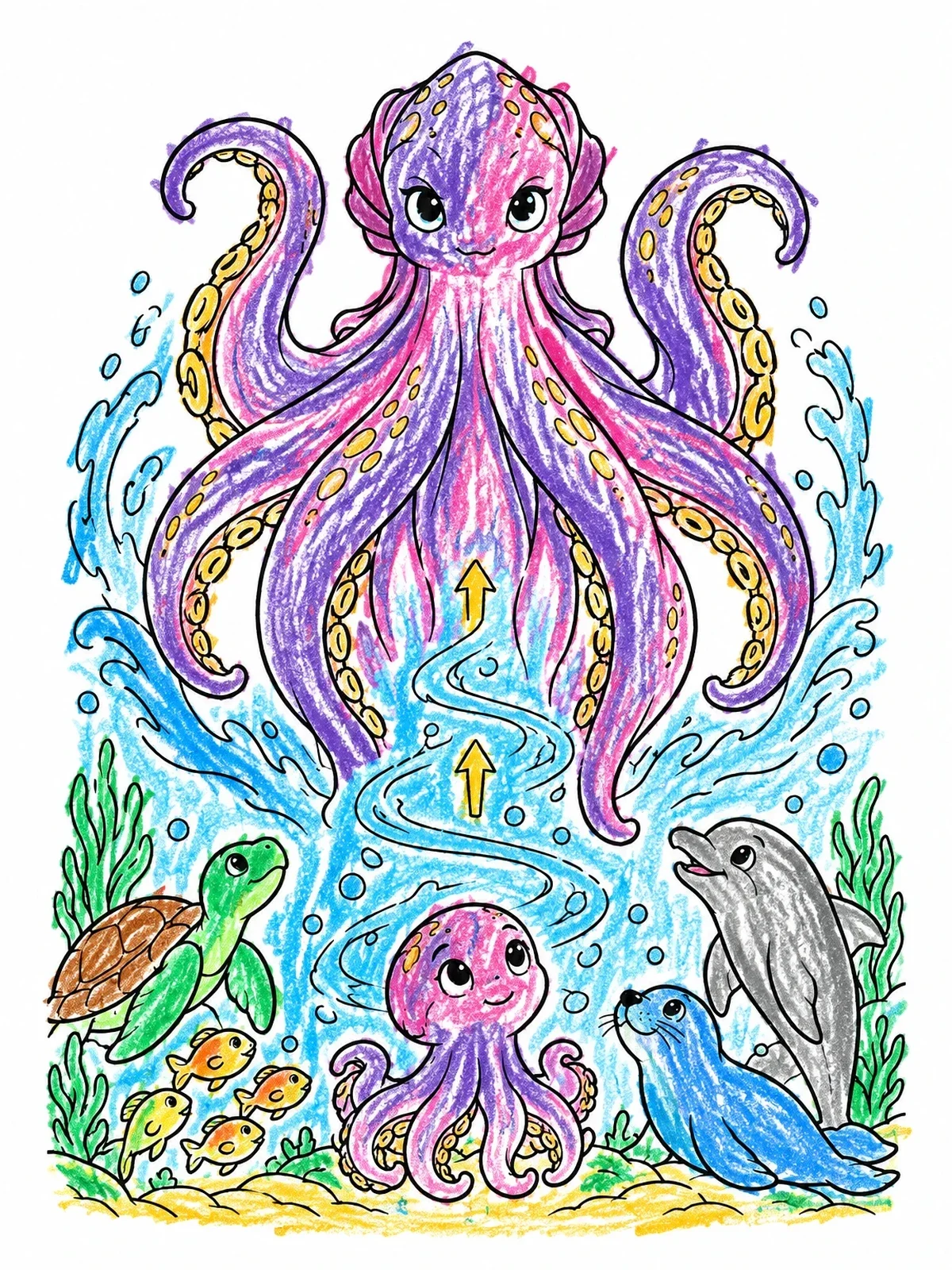 Colored example of the Young Kraken Transforming In The Ocean coloring page