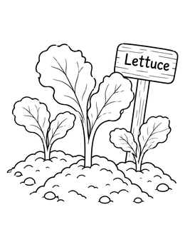Young sprouts grow in soil on this lettuce coloring page with a wooden garden sign.