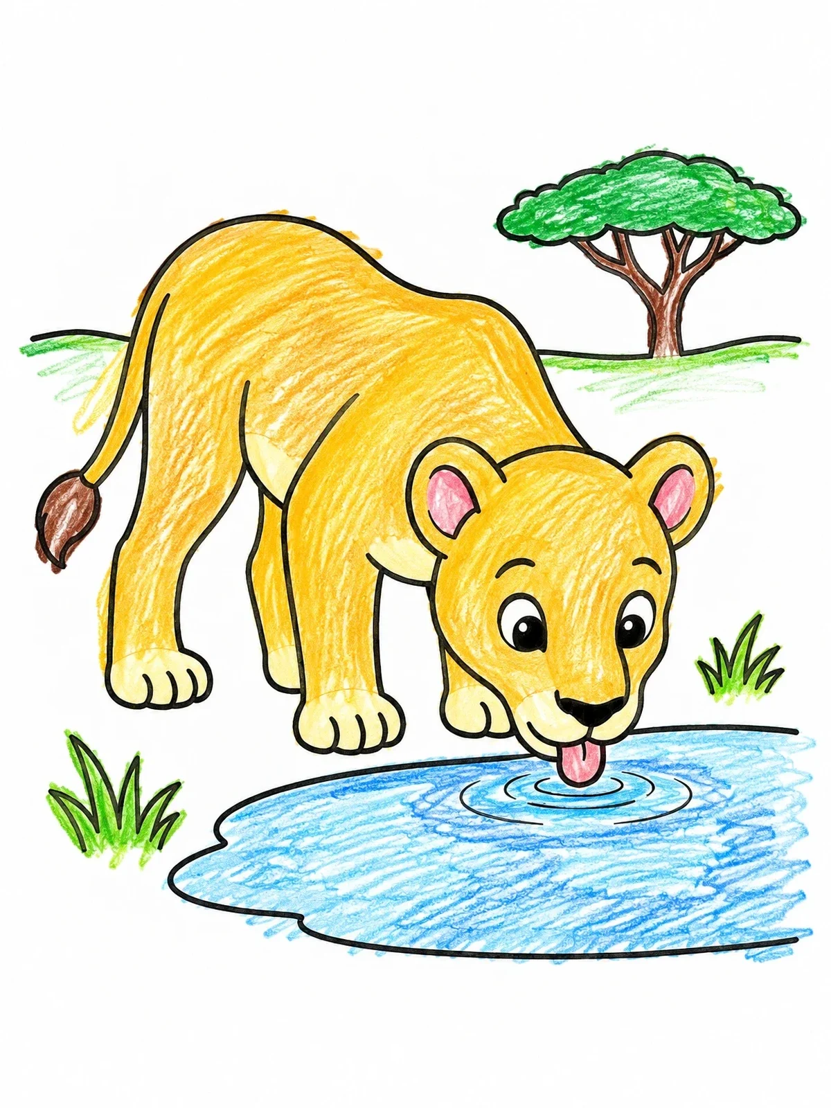 Colored example of the Young Lioness Drinking Water coloring page