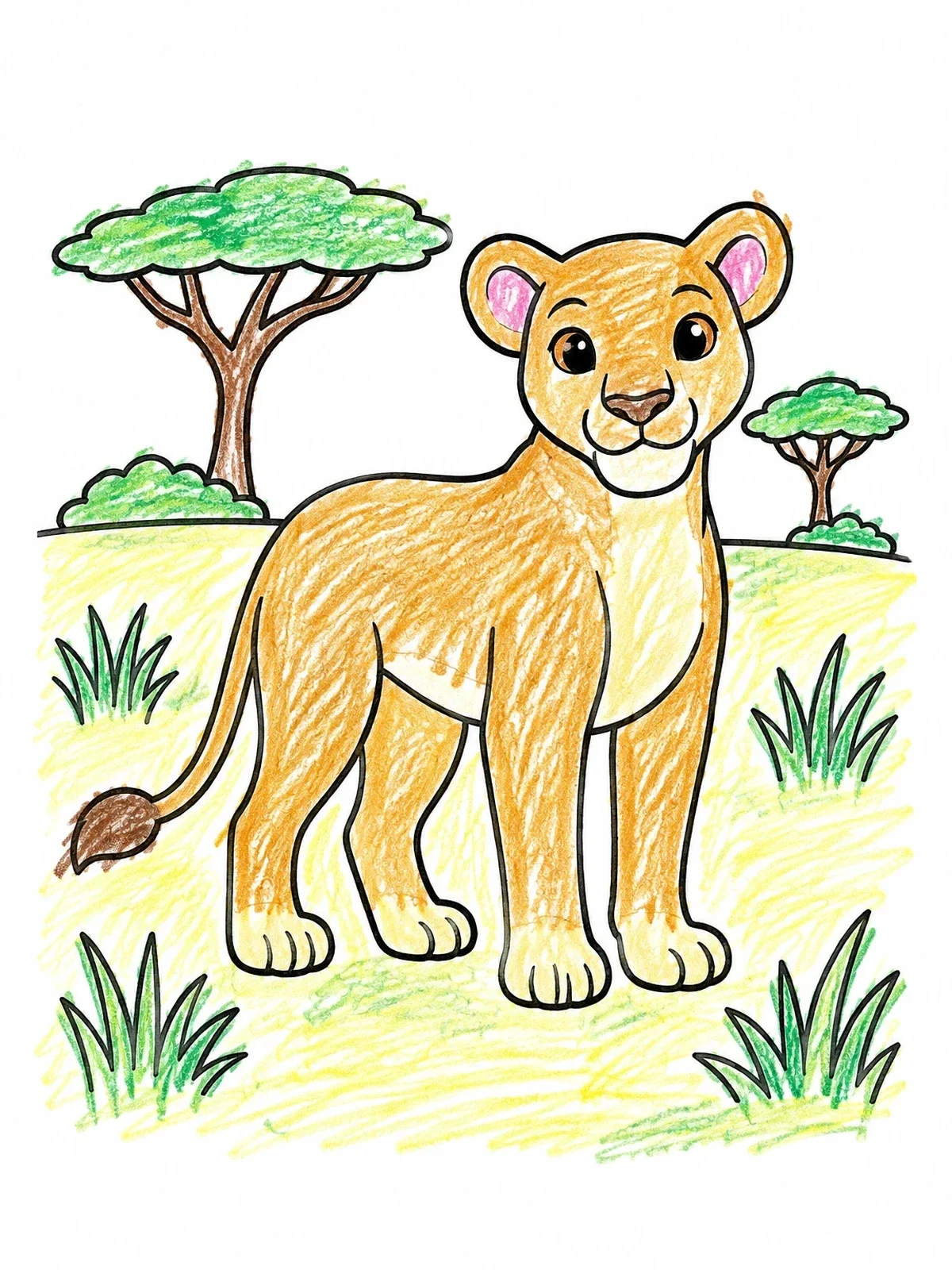 Colored example of the Young Lioness In The Savanna coloring page