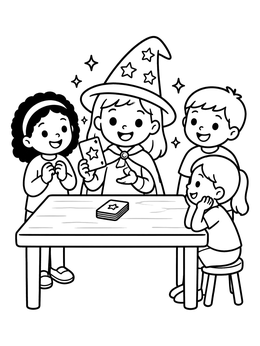 A magic coloring page showing a little girl in a wizard hat doing card tricks for her friends.