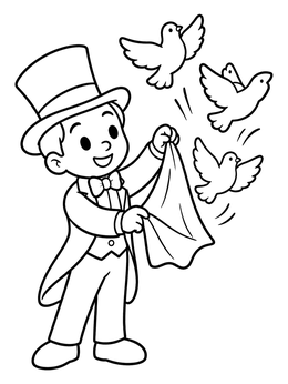 A friendly magician coloring page showing a boy releasing flying doves from a cloth.