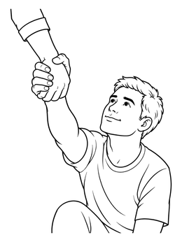 A young man looks up gratefully in this helping others coloring page as a hand pulls him up.