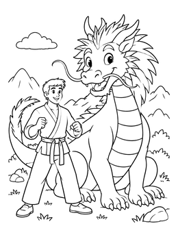 A young martial artist smiles next to a friendly dragon coloring page outdoors.
