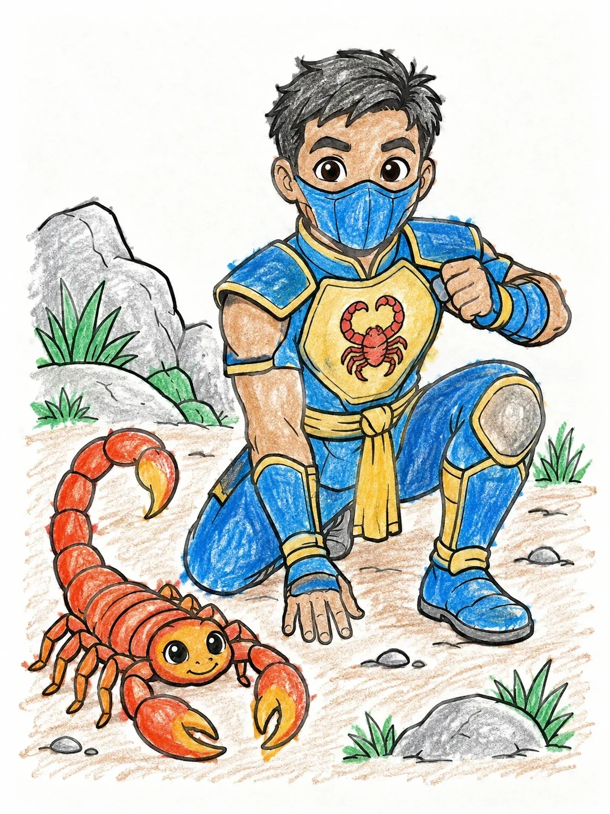Colored example of the Young Martial Artist And Cute Scorpion coloring page