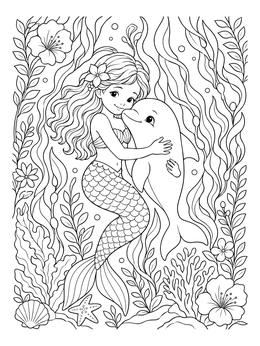A sweet mermaid dolphin coloring page featuring a sea girl hugging a cheerful dolphin underwater.