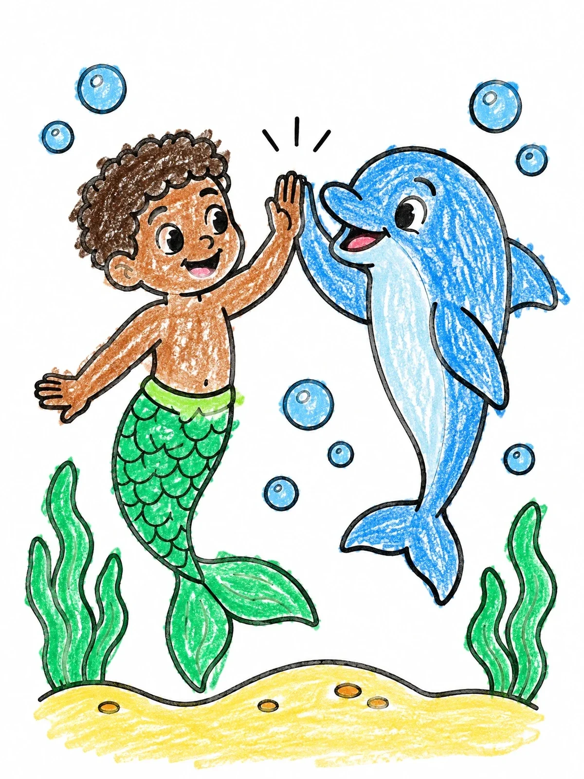 Colored example of the Young Merman High Fiving A Dolphin coloring page