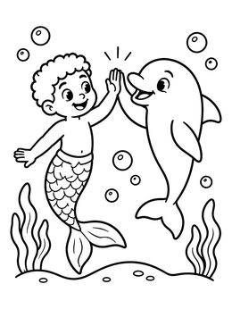 Free printable Young Merman High Fiving A Dolphin coloring page