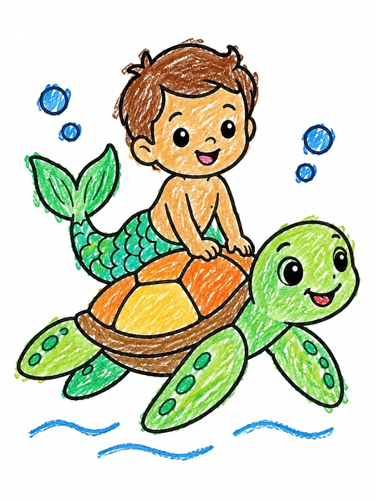 Colored example of the Young Merman Riding A Sea Turtle coloring page