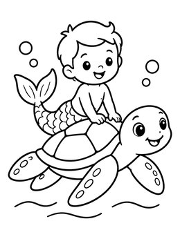 A cheerful young merman coloring page riding on the back of a friendly sea turtle.