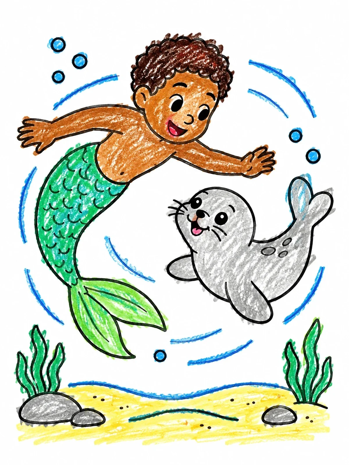 Colored example of the Young Merman Swimming With Baby Seal coloring page