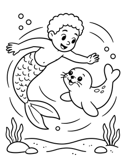 Free printable Young Merman Swimming With Baby Seal coloring page
