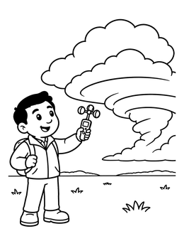 A cheerful meteorologist tracks wind speed during a storm coloring page.