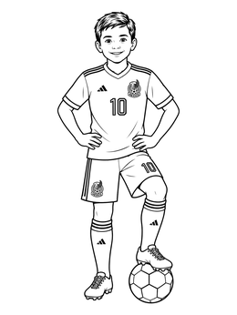 A young soccer player in team uniform rests his foot on a ball in this mexico coloring page.