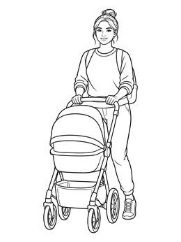 A friendly young nanny coloring page showing her pushing a modern baby stroller.