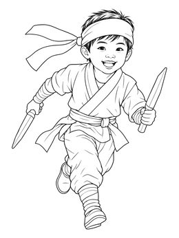 A smiling toddler runs forward holding wooden daggers on this ninja coloring page.