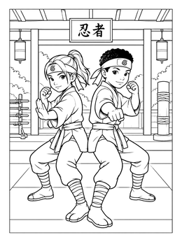 Two young ninja trainees practicing stances back to back in this ninja coloring page.