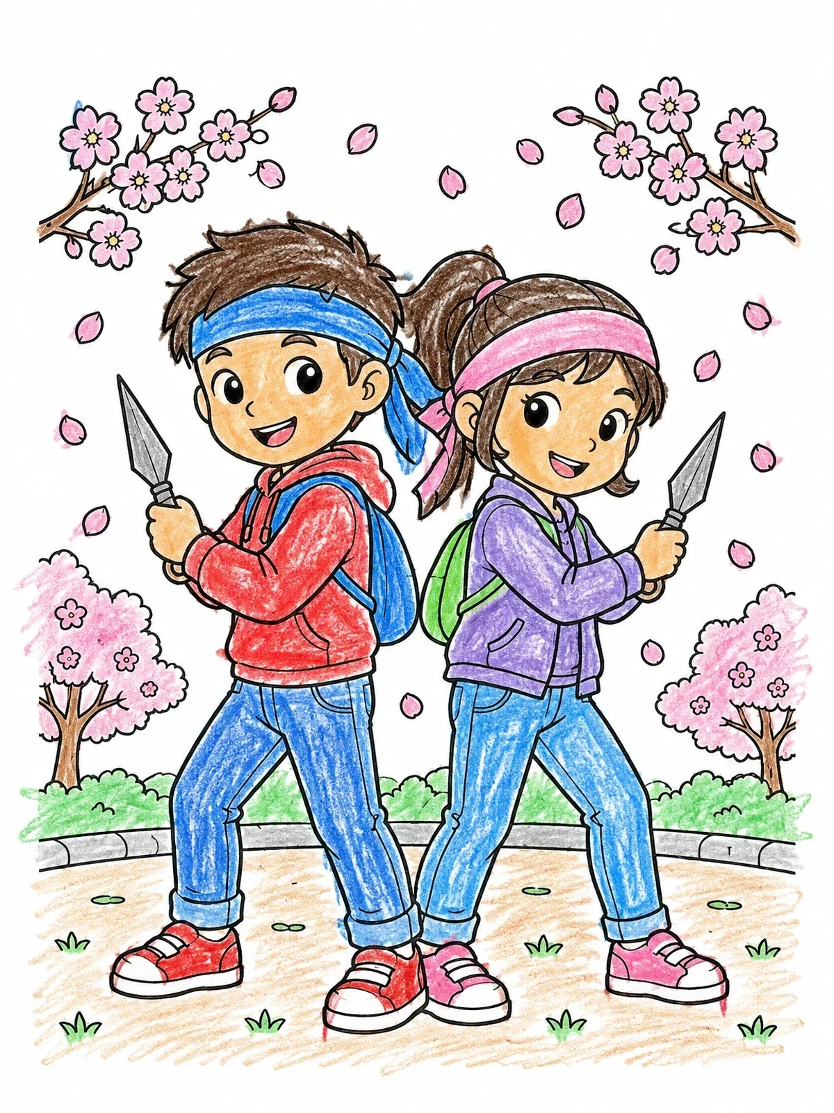Colored example of the Young Ninjas Under Sakura Blossoms coloring page