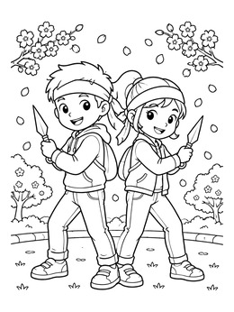 Free printable Young Ninjas Under Sakura Blossoms coloring page