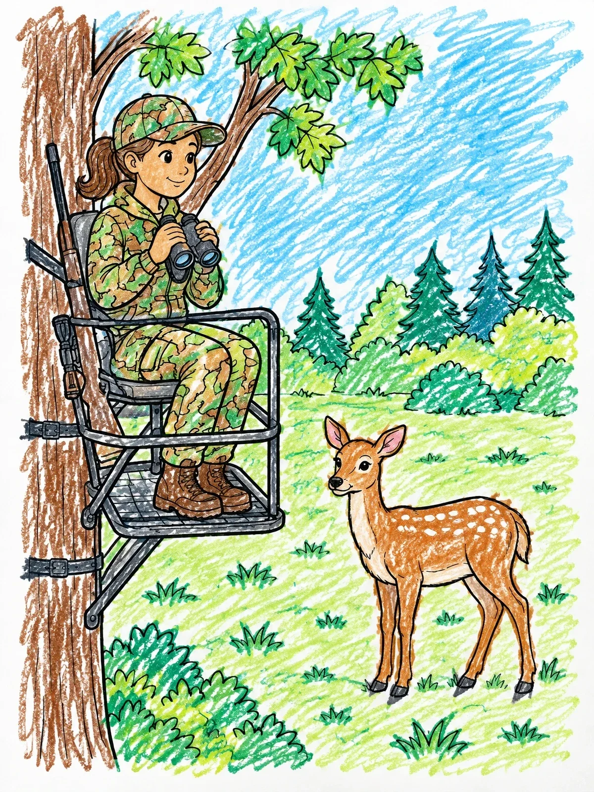 Colored example of the Young Observer In A Tree Stand coloring page