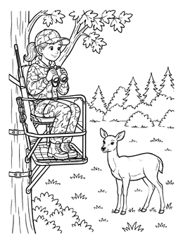 A young girl in a tree stand spots a friendly deer coloring page in the forest.