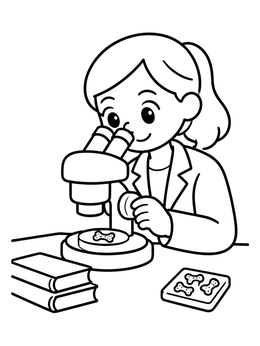 A young girl in a paleontologist coloring page looks through a microscope at small fossil bones.