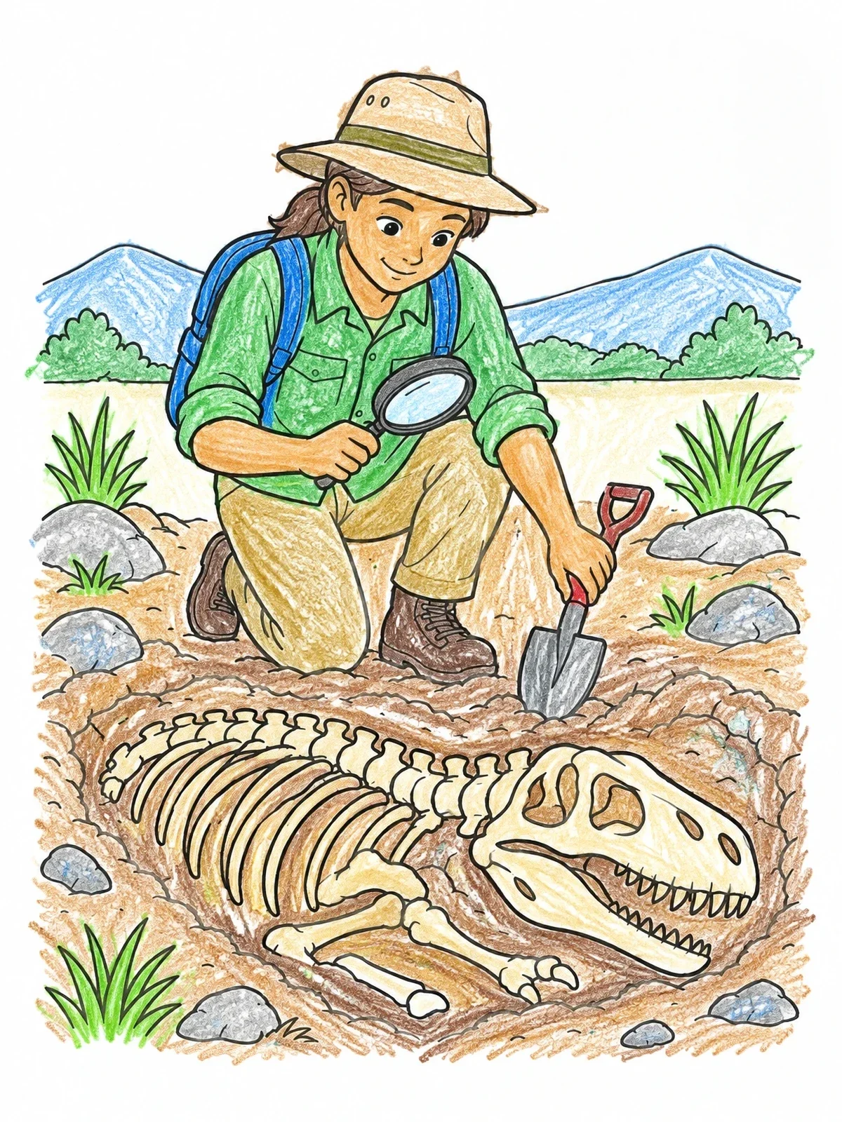 Colored example of the Young Paleontologist Uncovering Dinosaur Bones coloring page