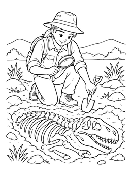 A young researcher examines a buried fossil in this paleontologist coloring page.
