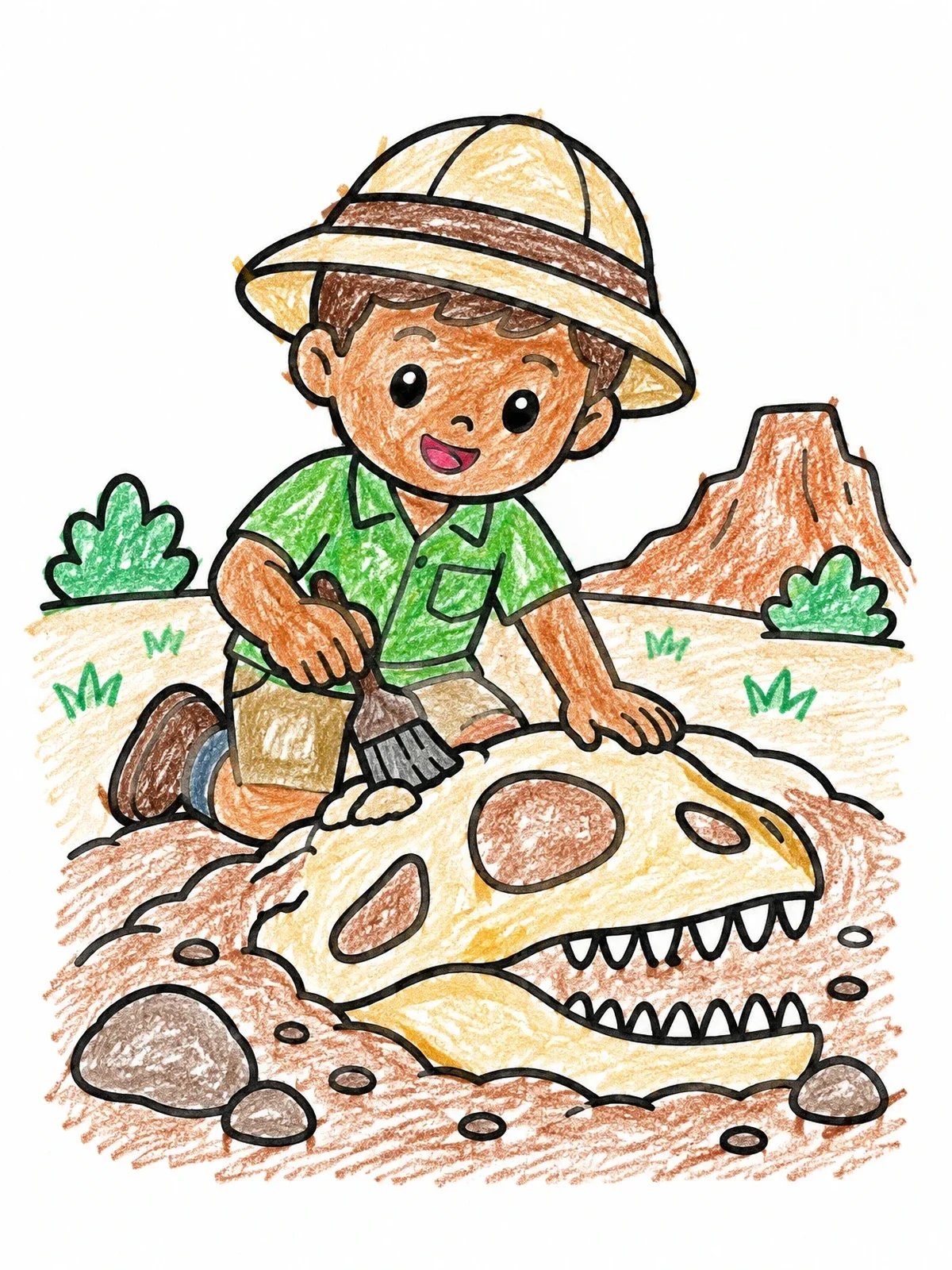 Colored example of the Young Paleontologist Uncovering Dinosaur Skull coloring page