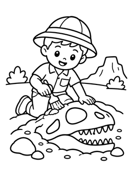 Free printable Young Paleontologist Uncovering Dinosaur Skull coloring page